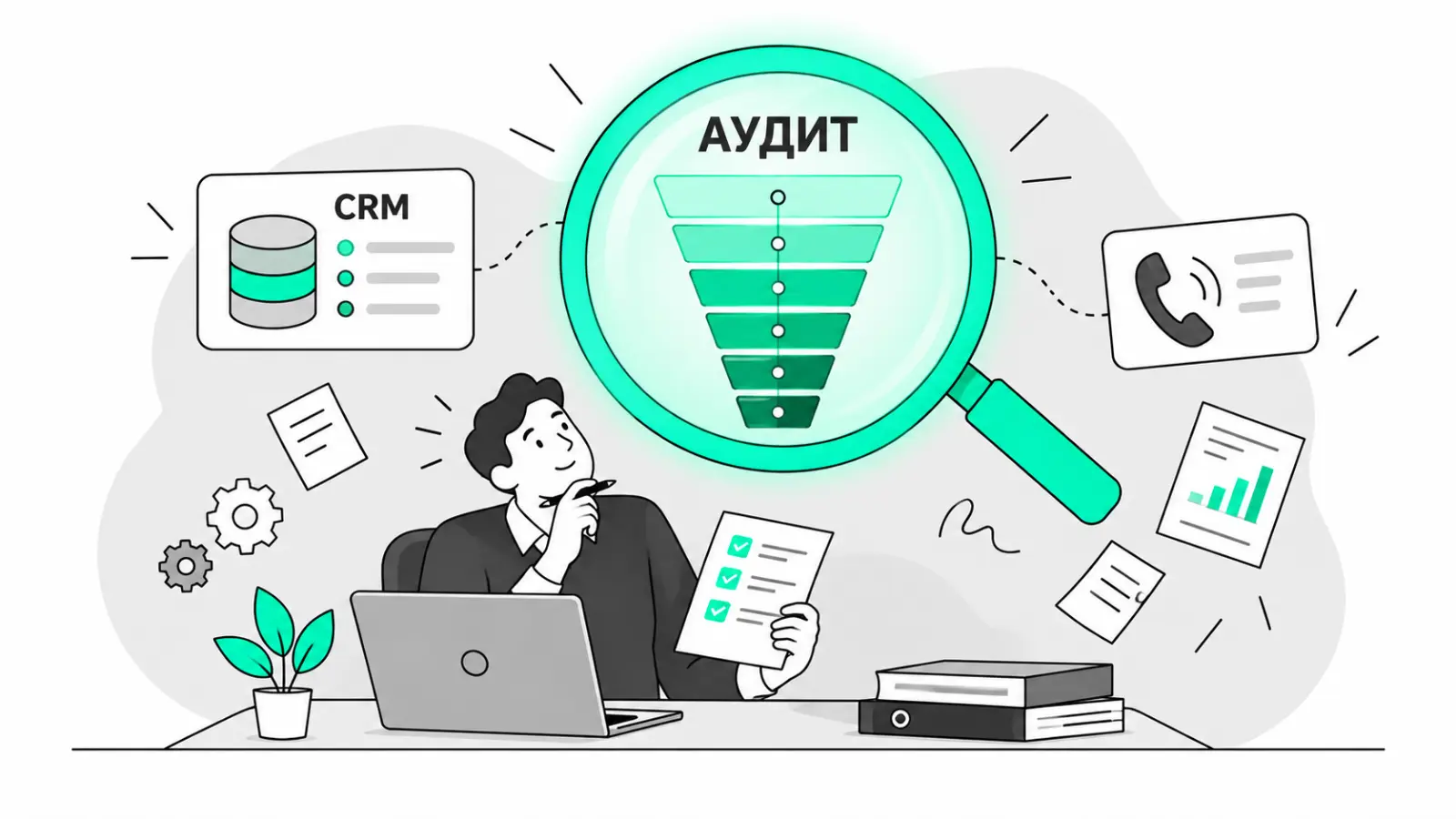Иллюстрация: аудит отдела продаж — эксперт изучает воронку продаж через лупу