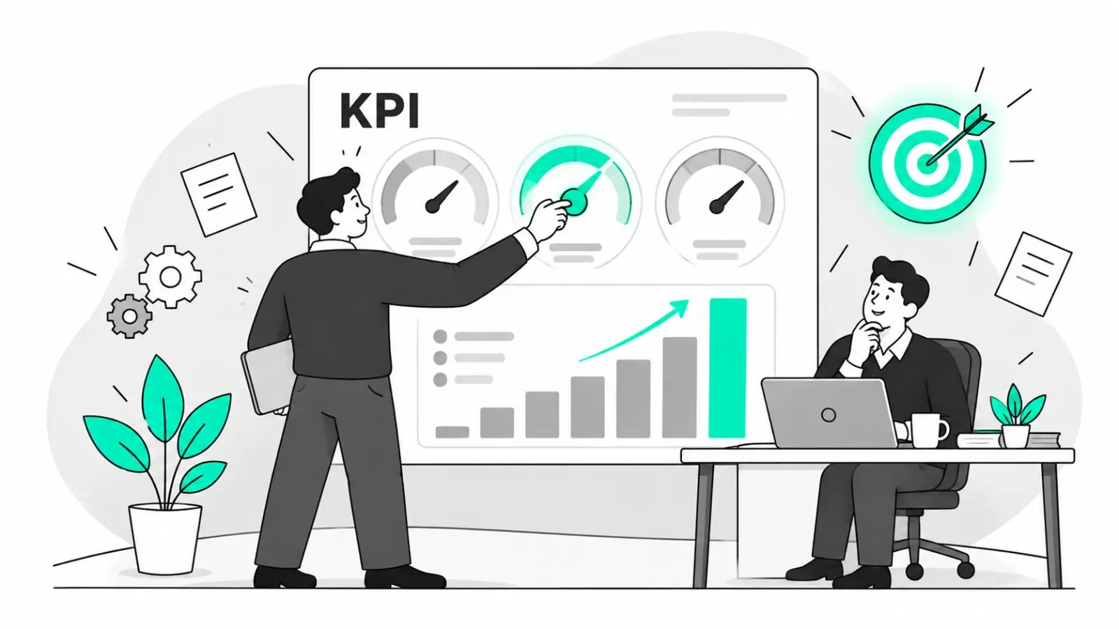 Иллюстрация: руководитель настраивает KPI менеджера по продажам на панели показателей