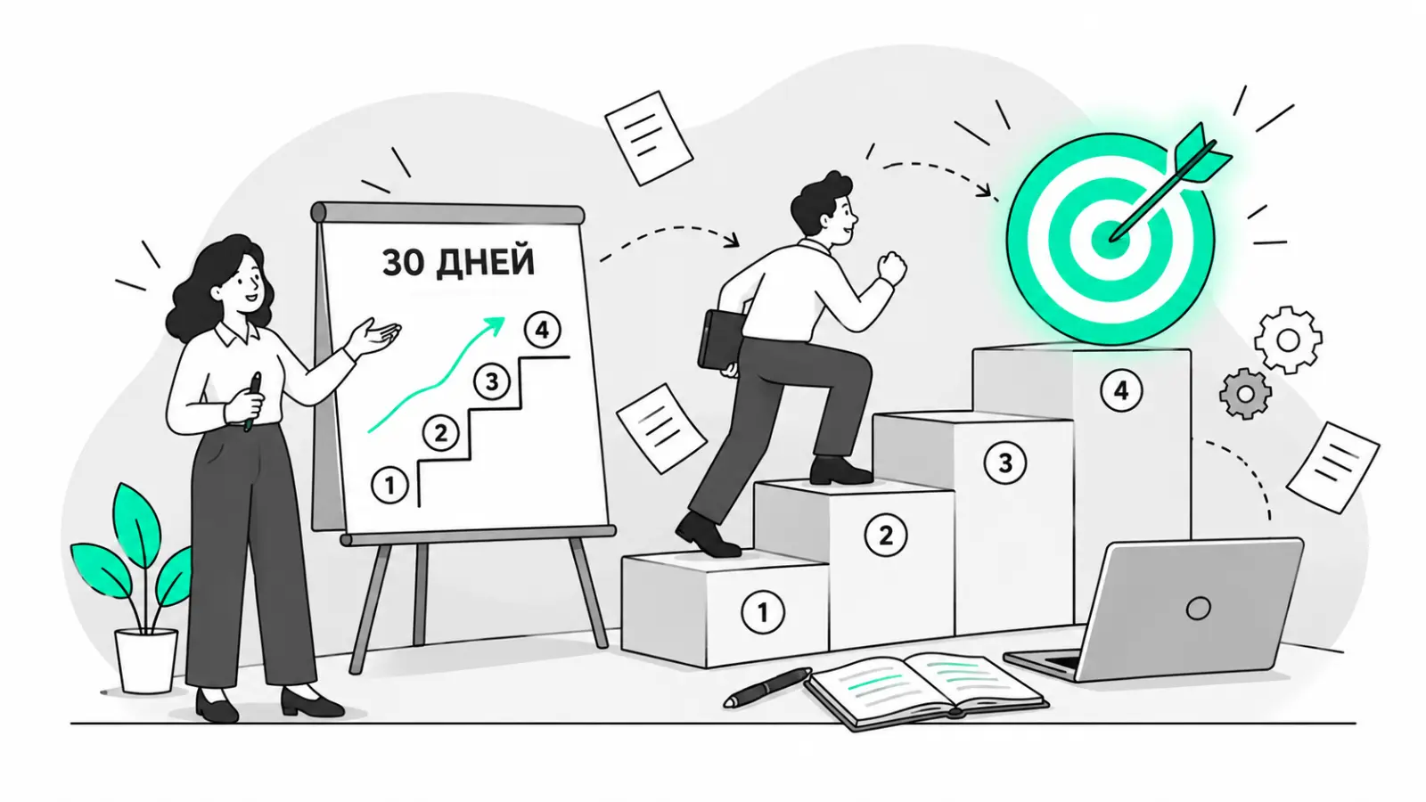 Иллюстрация: тренер обучает менеджера по продажам по программе на 30 дней
